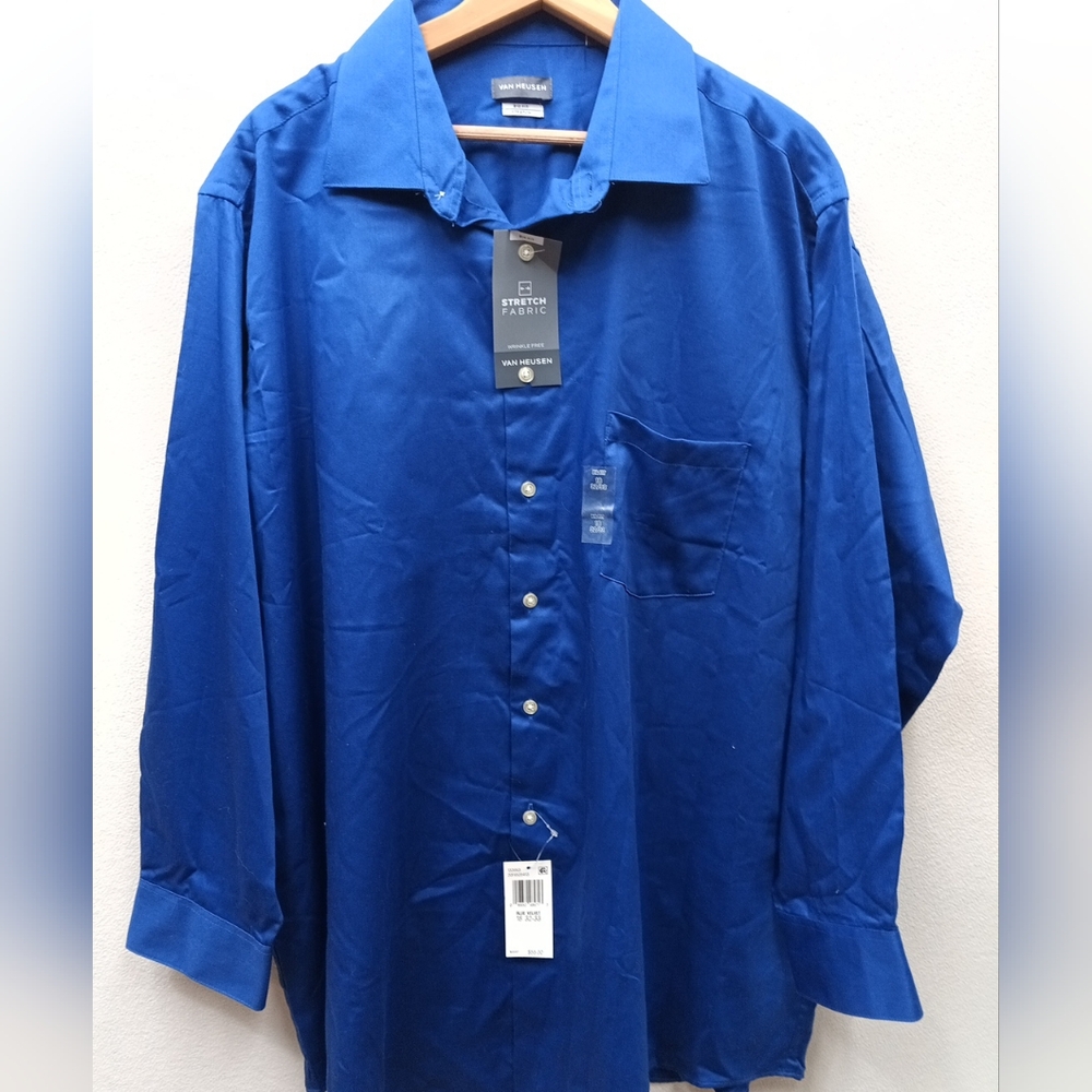 NWT Van Heusen Big Fit Stretch Dress Shirt Wrinkle Free Blue Velvet 18 32/33